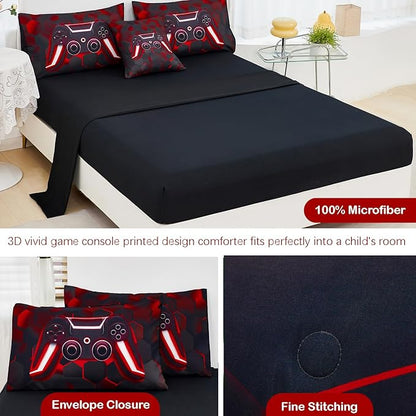 URBONUR 6Pcs Queen Game Comforter Sets for Boys Girl Game Gontroller Printed Teen Bedding Set Kids Teenage Men Bedroom Decor Children Bed Comforters(Black Red, Queen)
