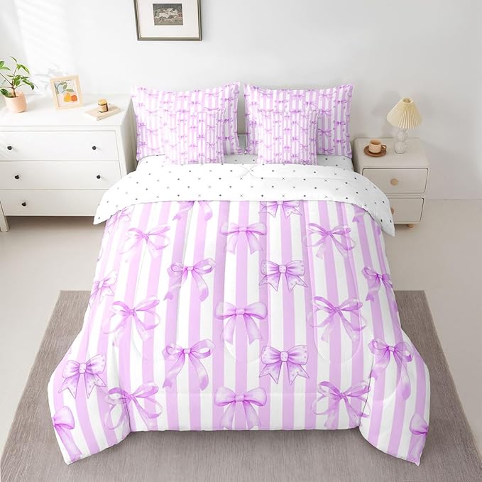 Erosebridal Bowknot White Purple Girls Kawaii Comforter Set Queen Size 7 Pieces | Geometric Bed in A Bag Cute Bow Bed Set Stripe Bedding