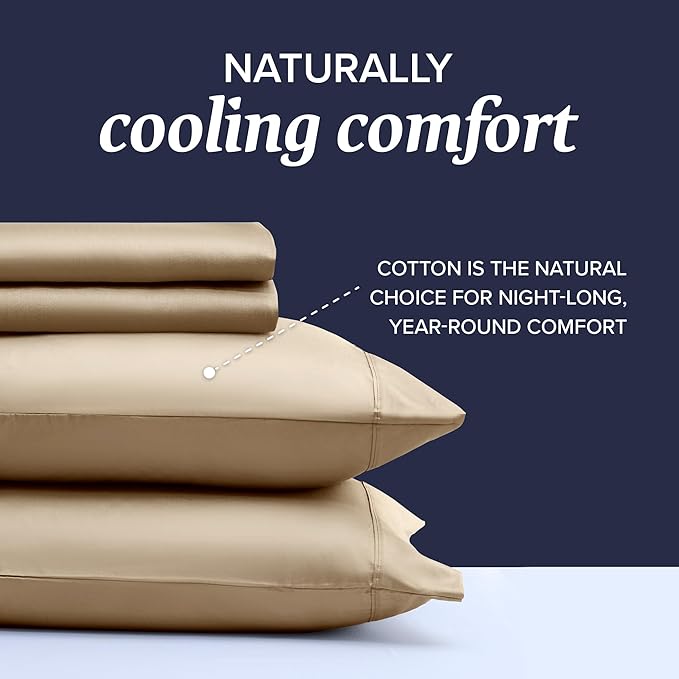 Beckham Hotel Collection Full Sheet Set 100% Cotton, 500TC Luxury Sateen Bedding, 16” Deep Pocket, Moisture-Wicking, 4-Piece, Sand