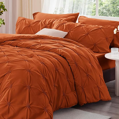 BEDELITE Burnt Orange King Size Comforter Set - 3 Pieces Boho Pintuck Bedding Comforter Sets, Lightweight Soft & Warm King Bedding Set with 2 Pillowcases for All Season
