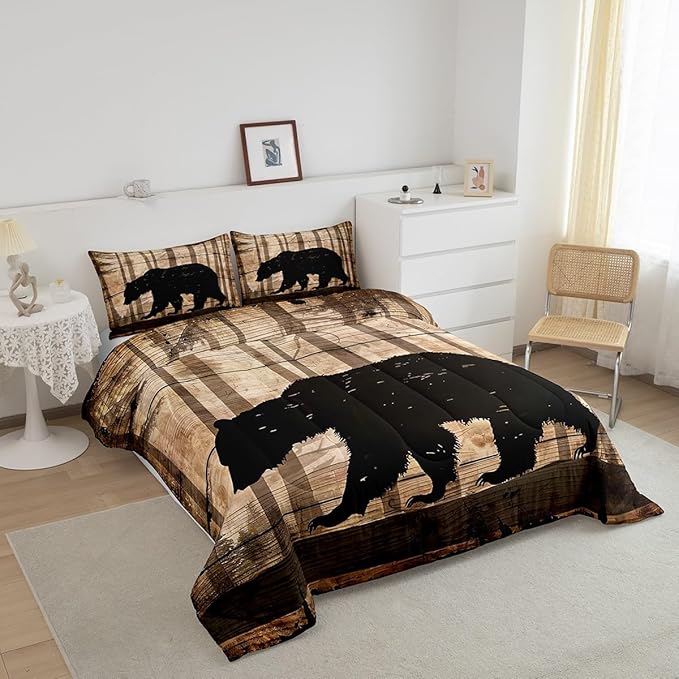Feelyou Western Rustic Bear Comforter Set Toddler, Wildlife Hunting Quilt Set with 1 Pillowcases, Forest Animal Hunting Bedding Set 2pcs Kids Boys Teens Room Decor, Wooden Board Farmhouse Duvet Insert