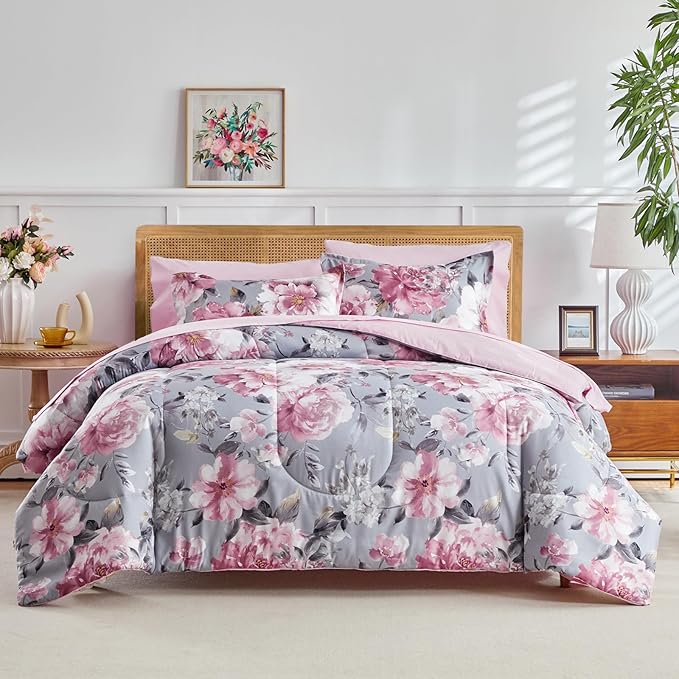 Joyreap 3pcs Floral Comforter Set King, Tie-dye Pink Flowers on Gray Design, Microfiber Lightweight Bedding Comforter Set for All Season- 100x88 inches