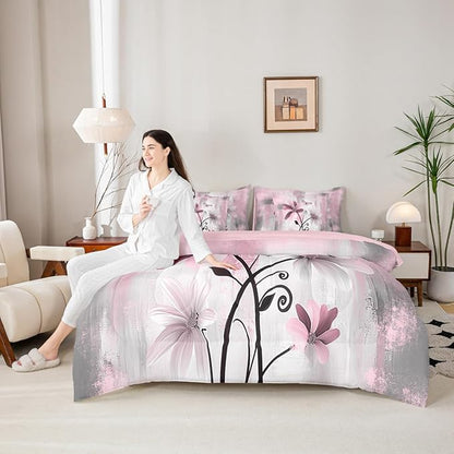 Feelyou Girls Daisy Flower Comforter Set with Sheets King Size 7 Pieces Kids Vintage Floral Butterfly Bedding Set for Boys Women Teens Pink White Grey Simple Modern Abstract Art Bed in a Bag