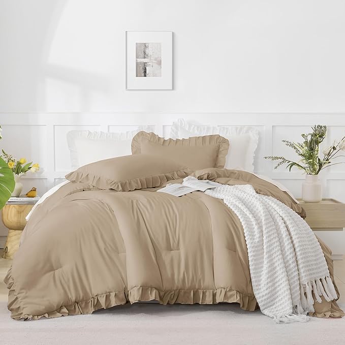 Andency Oversized King Ruffle Comforter Set 120x120, 3 Pieces Taupe Lightweight Fluffy Super King Bedding Set, Shabby Chic Famhouse All Season Bed Set for Girls Women