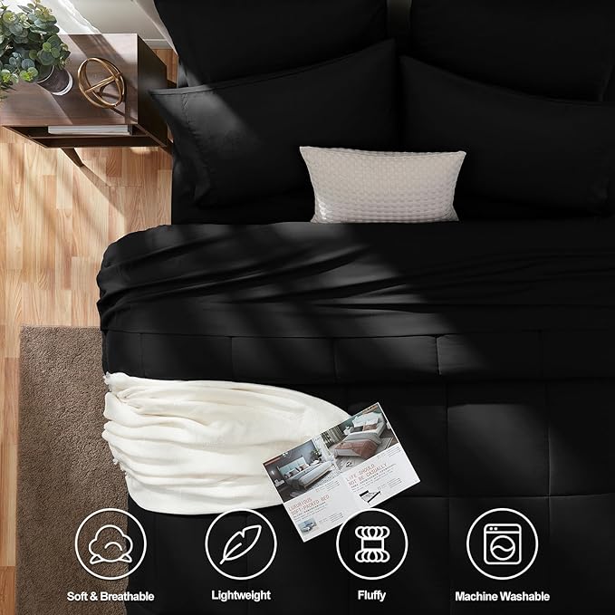 CozyLux Oversized Queen Comforter Sets Black, 7 Pieces Bed in a Bag, Ultra-Soft All Season Bedding Sets with Stitch Quilted Comforter, Flat Sheet, Fitted Sheet, Pillowcases, Black