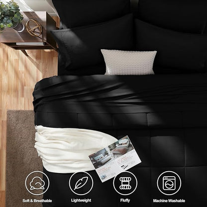 CozyLux Oversized Queen Comforter Sets Black, 7 Pieces Bed in a Bag, Ultra-Soft All Season Bedding Sets with Stitch Quilted Comforter, Flat Sheet, Fitted Sheet, Pillowcases, Black