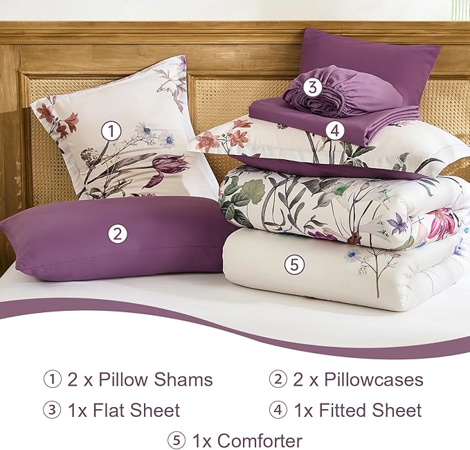 WONGS BEDDING King Comforter Set 7 Piece, Purple Floral Bed in a Bag Bedding Set with Botanical Flowers Patterns, Soft Lightweight Complete Comforters with Sheets for All Season