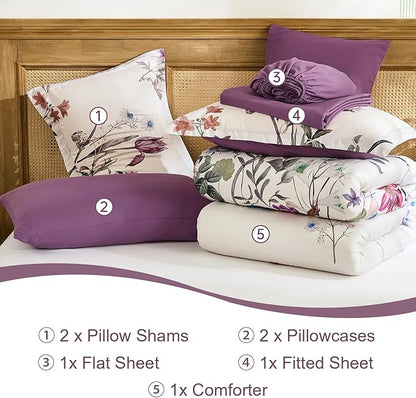 WONGS BEDDING King Comforter Set 7 Piece, Purple Floral Bed in a Bag Bedding Set with Botanical Flowers Patterns, Soft Lightweight Complete Comforters with Sheets for All Season