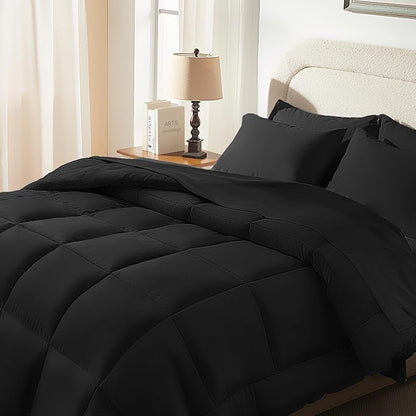 SunStyle Home Full/Queen Comforter Set - 7 Pieces Black Bed in a Bag, All Season Soft Comforters Queen Size Bedding Sets Includes 1 Comforter, 1 Flat Sheet, 1 Fitted Sheet, 4 Pillowcases