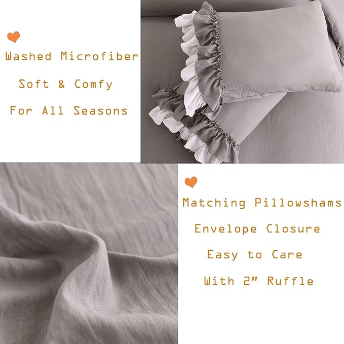 Masaca Shabby Ruffled Comforter King Size,Vintage Farmhouse Ruffle King Size Comforter Set French Country Rustic Aesthetic Bedding Extra Soft 3 Pieces