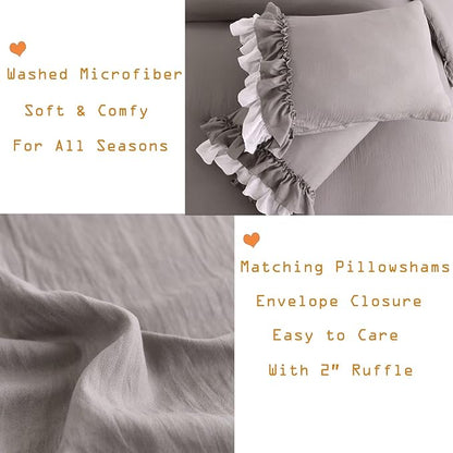 Masaca Shabby Ruffled Comforter King Size,Vintage Farmhouse Ruffle King Size Comforter Set French Country Rustic Aesthetic Bedding Extra Soft 3 Pieces