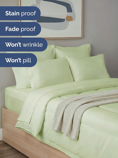 King Comforter Set - 5 Piece Bed in a Bag King Size Bed Set - Down Alternative Comforter, Flat Sheet, Fitted Sheet, Pillowcase & Shams for All Seasons - Ultra Soft and Breathable - Light Sage Green