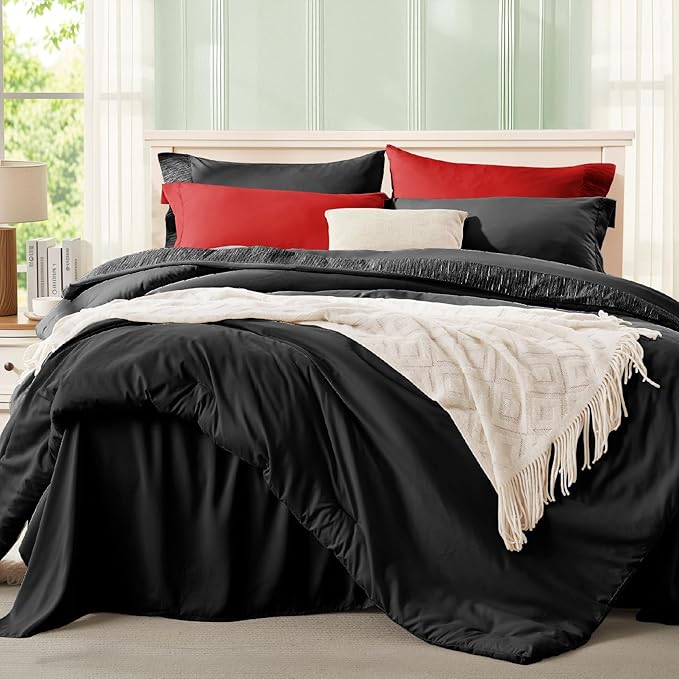 Anluoer Black and Red King Comforter Set 7 Pieces, Bed in a Bag with Sheets, All Season Bedding Sets with 1 Comforter, 2 Pillow Shams, 2 Pillowcases, 1 Flat Sheet, 1 Fitted Sheet