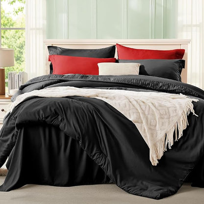 Anluoer Black and Red King Comforter Set 7 Pieces, Bed in a Bag with Sheets, All Season Bedding Sets with 1 Comforter, 2 Pillow Shams, 2 Pillowcases, 1 Flat Sheet, 1 Fitted Sheet