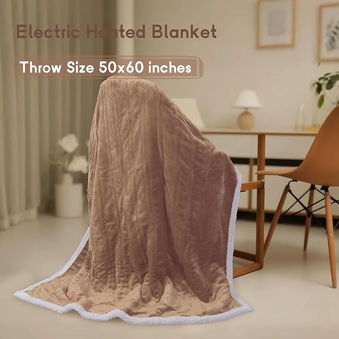Heated Blanket Electric Throw Size 50''x60'' with 9 Heating Levels, 1-10 Hour Auto Shut Off, Machine Washable, Flannel & Sherpa Double-Sided Soft Warming Blanket for Couch, Bed, Office - Brown