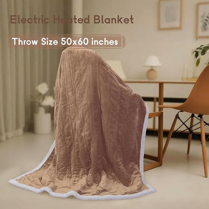 Heated Blanket Electric Throw Size 50''x60'' with 9 Heating Levels, 1-10 Hour Auto Shut Off, Machine Washable, Flannel & Sherpa Double-Sided Soft Warming Blanket for Couch, Bed, Office - Brown