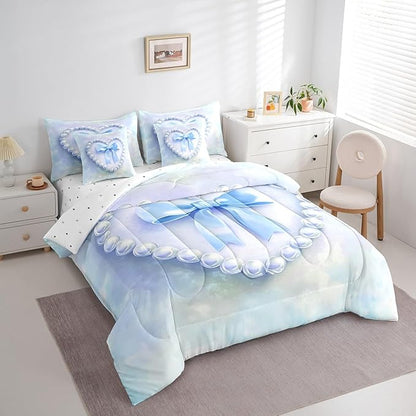 jejeloiu Girls Silk Bow 7 Piece Bedding Set King Size Blue Pearl Comforter Set with Sheets for Kids Women Princess Style Bed in a Bag Blue Ombre Bed Set