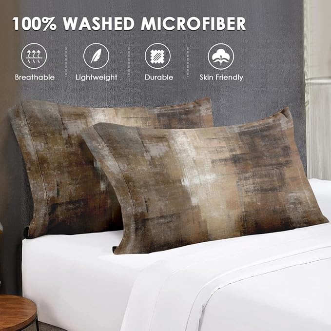 Queen Size Comforter Set with 2 Pillowcases, Brown Grey Painting 3 Pcs Bedding for Kids and Adults, Beige Contemporary Soft Comforter Set for Bedroom Bed Decor