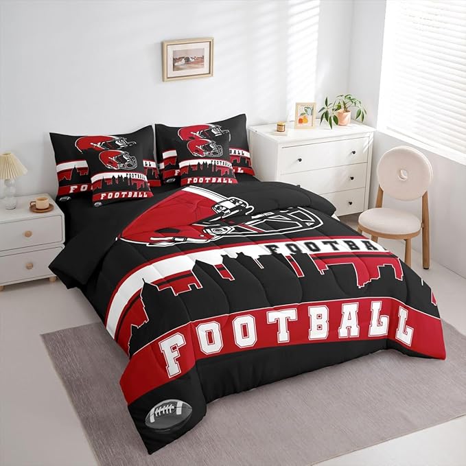 Erosebridal Football 7 Pcs Comforter Set King Football Fans Bedding for Boys Girls Football City Sheet Set Bed in A Bag Red Black Rugby Team Room Decor Sports Ball Game Duvet Insert