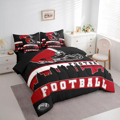 Erosebridal Football 7 Pcs Comforter Set King Football Fans Bedding for Boys Girls Football City Sheet Set Bed in A Bag Red Black Rugby Team Room Decor Sports Ball Game Duvet Insert