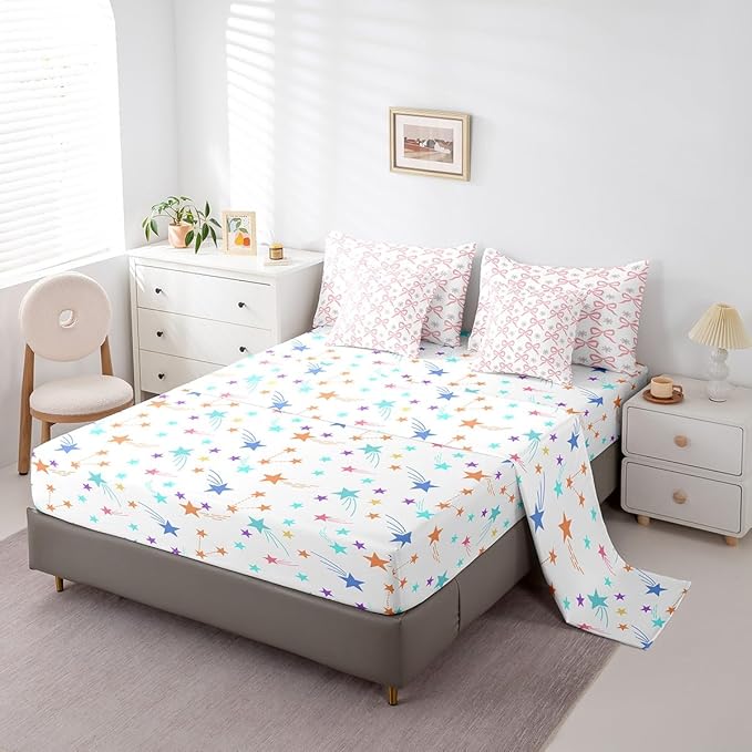 Feelyou Pink Bow Comforter Set with Sheets Twin Size Kids Bowknot Floral Flower 7 Pieces Bedding Set for Boys Girls Teens Gift for Girls Women Bed in a Bag Breathable Princess Décor Bed Set