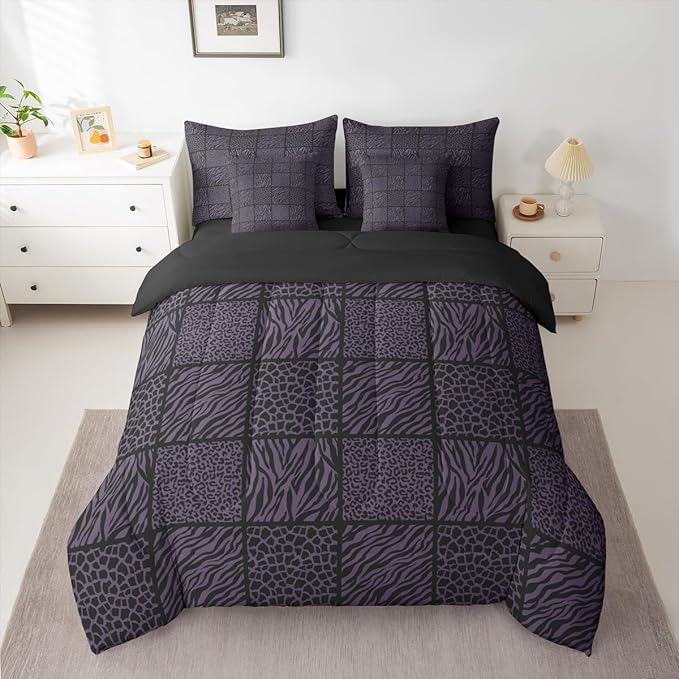 Wildlife Fur Splicing Print 7 Pcs Bedding Set Full,Purple and Black Kids Comforter Sets,Leopard Cheetah Zebra Skin Bed Sets with 1 Comforter,2 Pillowcases,2 Pillow Covers,1 Flat Sheet,1 Fitted Sheet