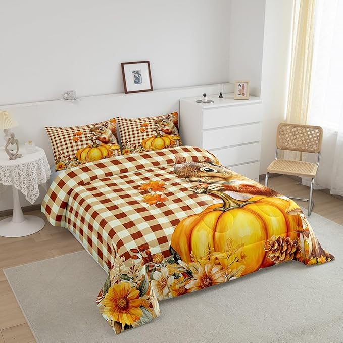 Castle Fairy Vintage Yellow Geometric Grid Bedding Set,Autumn Harvest Thanksgiving All Season Cozy Comforter Set Full Size,Squirrel Pumpkin Flower Duvet Set Bedroom Decor,Personalized Birthday Gifts