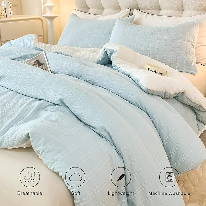 Boho Comforter Set Full Size Striped Pleats Bohemian Seersucker Bedding Set All Season Soft Cozy 3 Pieces Quilt with 2 Pillowcases(80"X90" Light Blue)