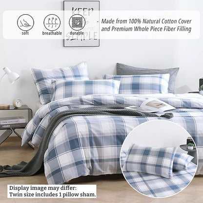 Vintage Cotton Comforter Twin Size 2Pcs - Classic Tartan Plaid Pattern with Denim Blue, Soft Gray and White, Lightweight Bedding Sets with Soft Fill(1 Comfoter, 1 Pillowcase)
