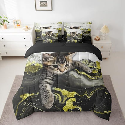 Erosebridal Yellow Marble Bedding Set Full Modern Marbling Cat Bed in A Bag Watercolor Marble Ink Fluid Comforter Sets with Sheets Retro Artwork Style Aesthetic 7 Pieces Bed Set Bedroom Decor