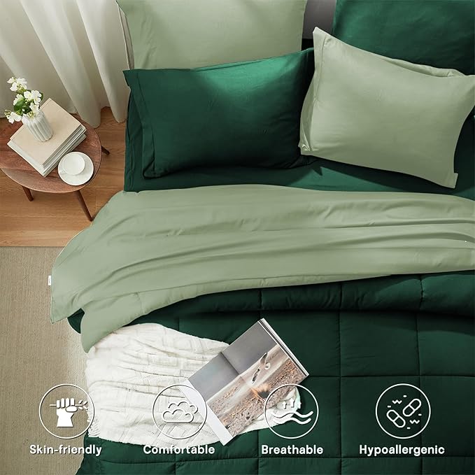 Anluoer King Comforter Set,Emerald Green&Sage Bed in a Bag 7 Piece,Lightweight Bedding Set with Soft Down Alternative Fill,Bed Set Includes Comforter, Fitted Sheet, Flat Sheet,Pillowcases and Shams