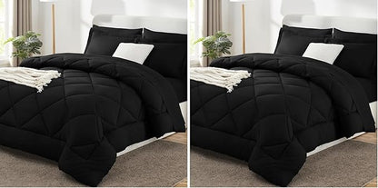 CozyLux Queen Comforter Set Black - Bed in a Bag Queen Size 7 Pieces, Luxury Soft Bed Set for All Seasons, Bedding Set with Down Alternative Comforter, Sheets, Pillowcases & Shams (Pack of 2)