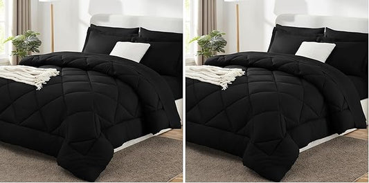 CozyLux Queen Comforter Set Black - Bed in a Bag Queen Size 7 Pieces, Luxury Soft Bed Set for All Seasons, Bedding Set with Down Alternative Comforter, Sheets, Pillowcases & Shams (Pack of 2)