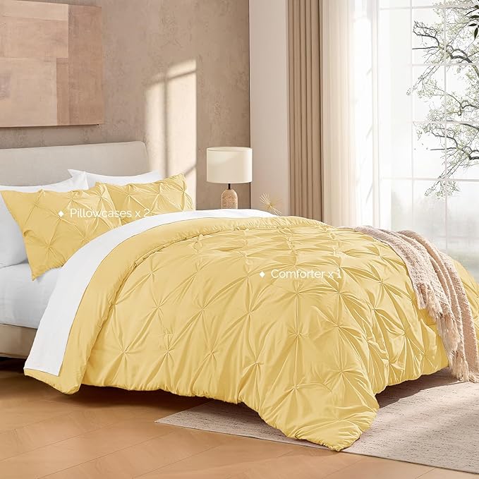 Andency Yellow Pinch Pleat Comforter Full(79x90Inch), 3 Pieces Pintuck Comforter Comforter Set, Microfiber Down Alternative Bed All Season Bedding Set
