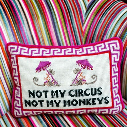 FURBISH Needlepoint Decorative Throw Pillow - Not My Circus Not My Monkeys, Small Embroidered Accent Pillow for Bed, Chair, Couch, Sofa, Eclectic Home Decor, 10" x 14"
