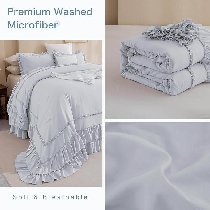 Masaca Oversized King Comforter 120x120,3 Pieces Farmhouse Ruffle Bedding Comforter,Light Blue Oversized Shabby Boho Chic Cal King Ruffled Bed Comforter Lightweight and Soft