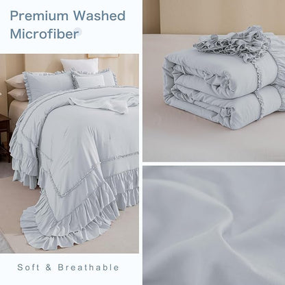 Masaca Oversized King Comforter 120x120,3 Pieces Farmhouse Ruffle Bedding Comforter,Light Blue Oversized Shabby Boho Chic Cal King Ruffled Bed Comforter Lightweight and Soft