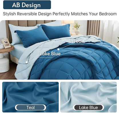 MUXHOMO 7 Pieces King Comforter Set, Reversible Bed in a Bag King Size, All Season Bedding Set with Comforter, Flat Sheet, Fitted Sheet, Pillowcases & Shams, Teal & Lake Blue