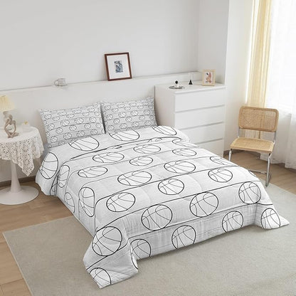 Manfei Basketball Comforter Set Full Size, Sports Gaming Theme Bedding Set for Kids Boys Girls Room Decor, Grey Wooden Plsnk Down Comforter, Lightweight Duvet Insert,2 Pillowcases