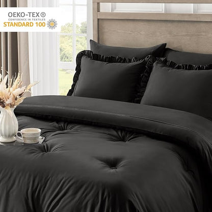 QUIETSEA Twin Bed in a Bag 5 Pieces Comforter Set Twin, Ruffle Shabby Chic Bedding Comforter Set Black Bed Set with Comforter, Pillowcase, Flat Sheet, Fitted Sheet and Pillow Sham