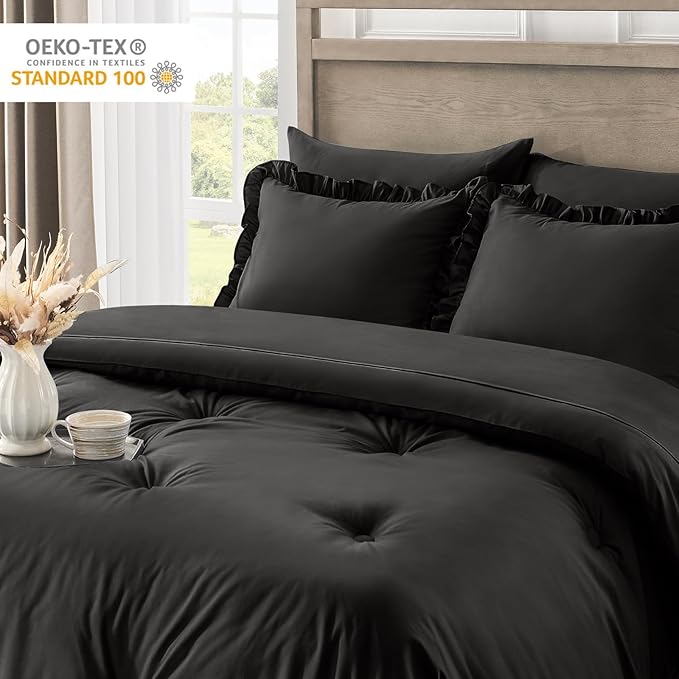 QUIETSEA King Size Bed in a Bag 7 Pieces King Size Comforter Set, Ruffle Shabby Chic Bedding Comforter Set Black Bed Set with Comforter, Pillowcases, Flat Sheet, Fitted Sheet and Pillow Shams