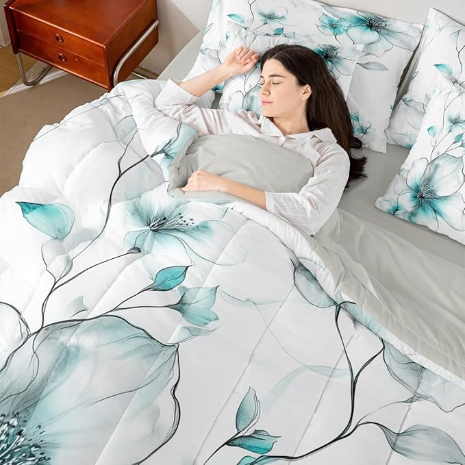 Erosebridal Boho Flower Twin Comforter Set with Sheets, Teal Floral 7 Pcs Bedding Set, Ink Painting Style Blossom & Leaf Bed in A Bag, Chic Watercolor Floral Elegant Bed Sets for Women Girls Adults