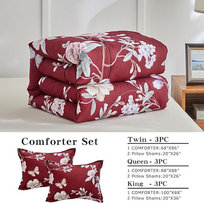Joyreap 3pcs Floral Comforter Set King, Blue n Pink Flowers on Burgundy Red Design, Microfiber Lightweight Bedding Christmas Comforter Set for All Season