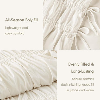 Intelligent Design Ruched Shabby Chic Comforters for Twin Size Bed, All Season Lightweight Comforter Twin, French Country Bedding Set, Sham, Ella, Twin/Twin XL, Ivory, 2 Piece