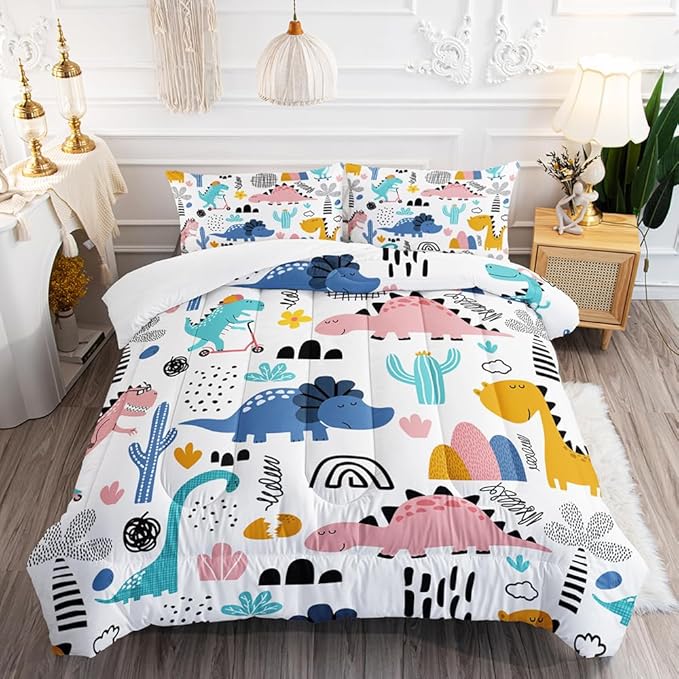 Cartoon Dinosaur Rainbow Comforter Set Twin 3Pc Kawaii Dinosaur Bedding Set All Season with Cactus, Coconut Tree Decoration Includes 1 Comforter, 2 Pillowcases for Kids Girls Teens