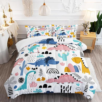 Cartoon Dinosaur Rainbow Comforter Set Twin 3Pc Kawaii Dinosaur Bedding Set All Season with Cactus, Coconut Tree Decoration Includes 1 Comforter, 2 Pillowcases for Kids Girls Teens