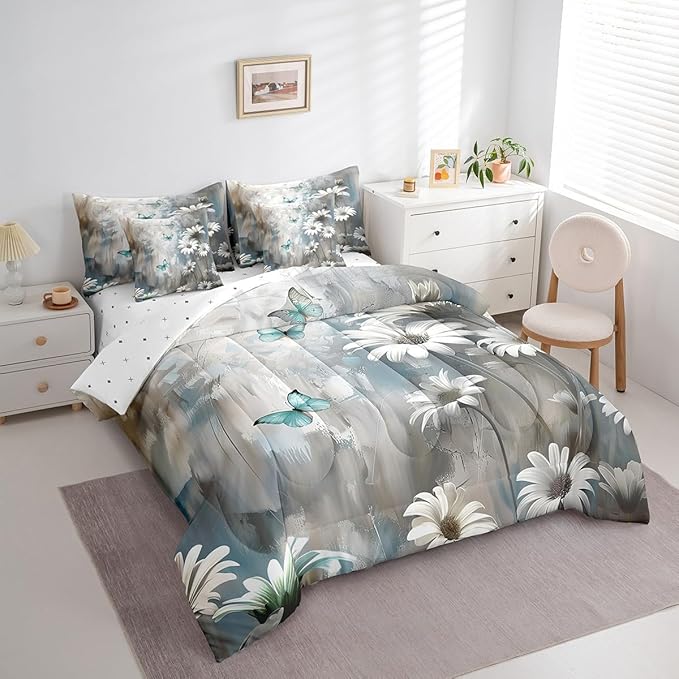 Feelyou Butterfly Comforter Set Full Size 7 Pieces Vintage Floral Bedding Set for All Season Flower Botanical Nature Theme Bed in a Bag with Comforter, Sheets, Pillowcases & Cushion Cover