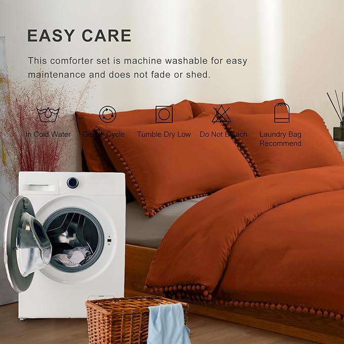 MUKKA Queen Comforter Set 5-Piece Queen Size Terracotta, Boho Pom Pom Fringe Comforter Burnt Orange, Soft Microfiber Bedding Comforter Set Rust with 2 Pillowcases,2 Pillowshams