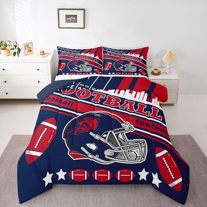 Feelyou Football Bedding Set Boys Girls Toddler Size Women Men Rugby Sports Comforter Set Football City Duvet Quilt Red Navy Blue Decor