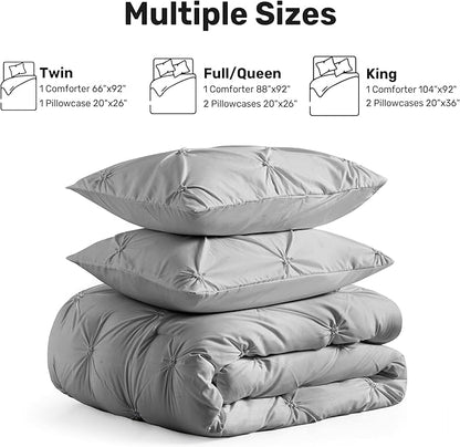 UNIKOME Queen Comforter Set Gray/Light Gray - Ultra Soft Boho Pintuck Down Alternative Bedding Set for All Seasons, 3 Pieces Lightweight Warm Pinch Pleat Bed Set with Comforter, 2 Pillowcases